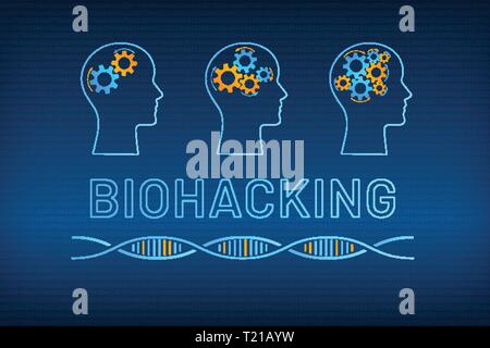 Head silhouette with gear brain bio hacking concept vector illustration. Face profile with improved gear mechanism brain, blue, orange dna molecule helix and big sign biohacking on digital background Stock Vector