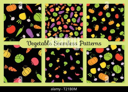 Outline seamless vegetable background set vector flat illustration. Seamless texture black background design with tomato, eggplant, cabbage and carrot, turnip vegetable silhouette in natural colors Stock Vector