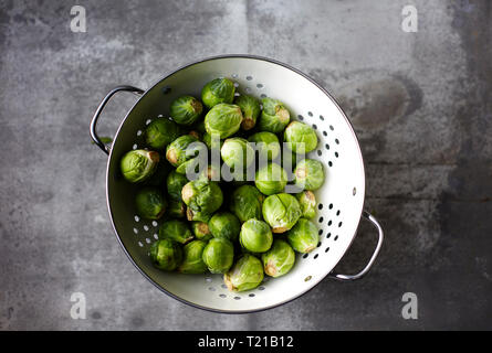 Colander of organic Brussels Sprouts Stock Photo