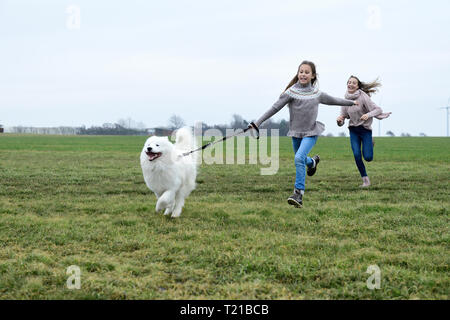 Two girls running on a meadow with  dog having fun Stock Photo