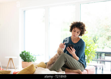 Woman with dog using cell phone at home Stock Photo