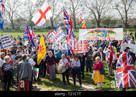 London, UK. 29th Mar, 2019. Pro-Brexit activists from Leave Means Leave march from Fulham to a rally in Parliament Square in Westminster on the final leg of the March to Leave on the day on which the UK was originally to have left the European Union. The March to Leave was organised by Leave Means Leave, with assistance from Nigel Farage, as a peaceful protest ‘to demonstrate the depth and breadth of popular discontent with the way Brexit has been handled' by the Government. Credit: Mark Kerrison/Alamy Live News