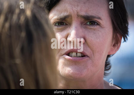 London, UK. 29th March 2019. For Britain party leader, Anne Marie Waters, joins the protest. Hundreds of Pro-Brexit supporters gather with flags near Parliament in Westminster to demand Britain leaves the EU without further delays. Roads were blocked with dozens of police deployed to keep order. Credit: Guy Corbishley/Alamy Live News Stock Photo