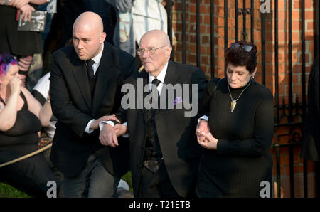 Bocking, Essex, UK. 29th Mar 2019. Clive Flint father of Keith atThe Funeral of Keith Flint lead singer of The Prodigy takes place at St Mary's Church in Bocking near Braintree Essex. Flint was found dead at his home in North End Essex aged 49 on 4th March 2019 Credit: MARTIN DALTON/Alamy Live News Stock Photo