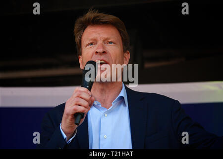 London, UK. 29th Mar, 2019. Leave Means Leave Brexit Campaign holds rally in Westminster London UK on the 29th March 2019, which is the date the UK was supposed to leave the EU Richard James Sunley Tice (born 13 September 1964) is a British businessman and politician who has been Leader of Reform UK since 6 March 2021. Tice was CEO of the real estate group CLS Holdings from 2010 to 2014, after which he became CEO of the property asset management group Quidnet Capital LLP. He was a founder and co-chairman of the pro-Brexit campaign group. Credit: Rupert Rivett/Alamy Live News Stock Photo