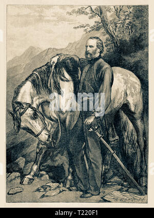 Giuseppe Garibaldi. 1861 litography. Digital improved reproduction from Illustrated overview of the life of mankind in the 19th century, 1901 edition, Marx publishing house, St. Petersburg. Stock Photo