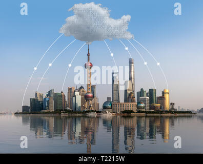 Cloud computing concept using Shanghai skyline Stock Photo