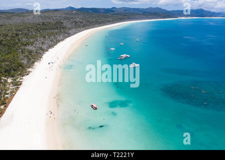 Aerial view of Whitehaven beach in the Whitsunday Islands in Queensland Australia. Whitehaven beach is one of the best beaches in Australia. Stock Photo