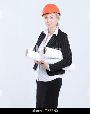 portrait of a female architect with blueprints .isolated on white.photo with copy space Stock Photo