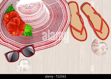 Red hat and flip flops with shells and hibiscus flowers. Stock Vector