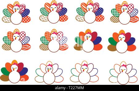 A collection of cute turkeys with monogram made in different styles. Thanksgiving special Stock Vector