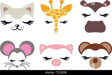 Set of six animal faces: Bear, Pig, Giraffe, Mouse, Cat, Cow Stock Vector