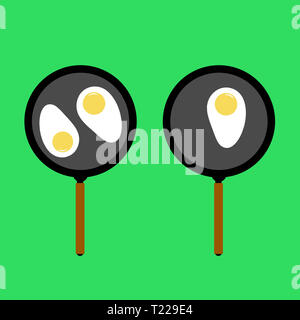 Fried eggs in two frying pans on green background. Food Illustration of Fried eggs in a frying pan on green background. Stock Photo