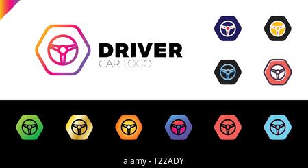 Steering wheel in hexagon icon logotype. Driver abstract symbol logo set Stock Vector