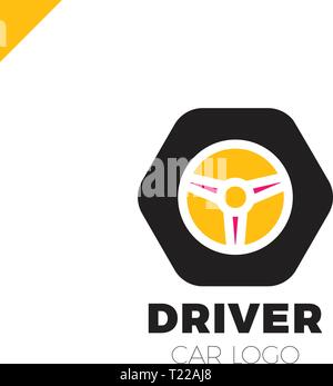 Steering wheel in hexagon icon logotype. Driver abstract symbol logo Stock Vector