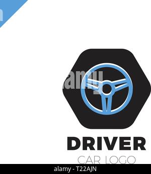Steering wheel in hexagon icon logotype. Driver abstract symbol logo Stock Vector
