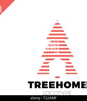 New Year or Christmas Tree in line style with home logo. Negative space logotype Stock Vector