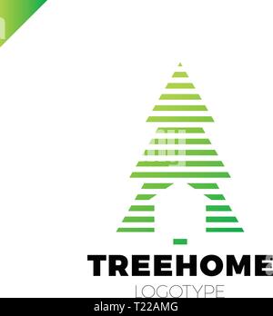 New Year or Christmas Tree in line style with home logo. Negative space logotype Stock Vector