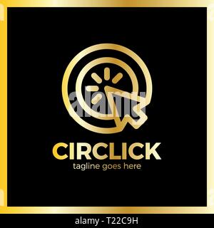 Circle Arrow Click Logo. Line Mouse cursor Logotype. Luxury, royal metal gold Stock Vector