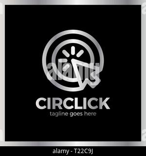 Circle Arrow Click Logo. Line Mouse cursor Logotype. Luxury, royal metal silver Stock Vector