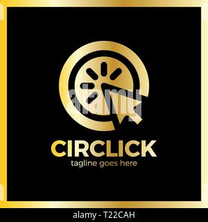 Circle Arrow Click Logo. Line Mouse cursor Logotype. Luxury, royal metal gold Stock Vector