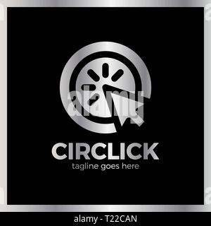 Circle Arrow Click Logo. Line Mouse cursor Logotype. Luxury, royal metal silver Stock Vector