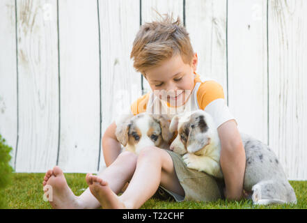 A five-year-old boy sits on a lawn surrounded by corgi puppies against a white fence. Friendship of animals and children. Stock Photo