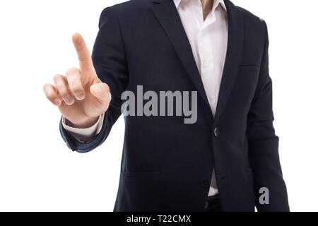 closeup the finger of businessman touching an imaginary screen Stock Photo