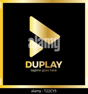 Double Triangle Media Play Logo. Luxury, Royal metal Gold Stock Vector