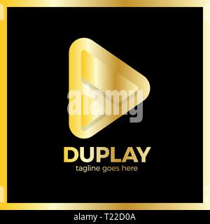 Double Triangle Media Play Logo. Luxury, Royal metal Gold Stock Vector