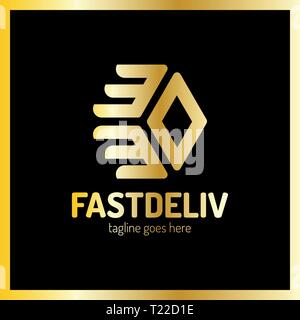 Fast Delivery Logo. Hexa Arrow Logotype. Luxury, royal metal gold Stock Vector