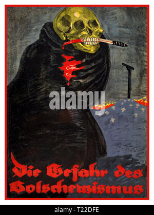 Vintage anti Bolshevism German WW1 1919 Propaganda Poster “The danger of Bolshevism” Die Gefahr des Bolschewismus) by Rudi Feld Poster shows a skeleton, wrapped in a black cloak, with a bloody knife held in its teeth. In the background a hill of crosses on top of which is a gallows.  ‘The danger of Bolshevism’ Stock Photo
