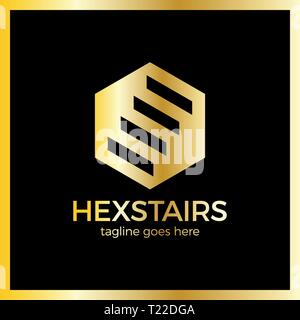 Stairs Hexa Logotype. Hexagon up line. Luxury, royal metal gold Stock Vector