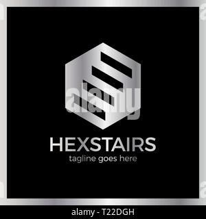 Stairs Hexa Logotype. Hexagon up line. Luxury, royal metal silver Stock Vector