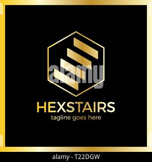 Stairs Hexa Logotype. Hexagon up line. Luxury, royal metal gold Stock Vector