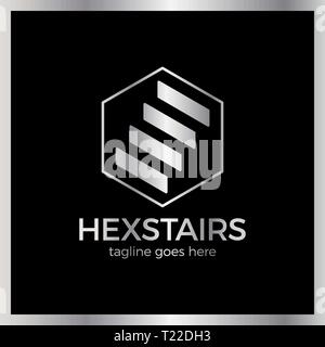 Stairs Hexa Logotype. Hexagon up line. Luxury, royal metal silver Stock Vector