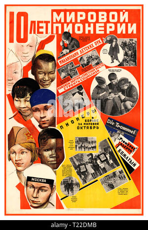 Vintage Soviet 1930’s Russian Propaganda Poster  “10 years of world pioneers. Millions of children's hands will help the party and the Soviet authorities to build world socialism” Stock Photo