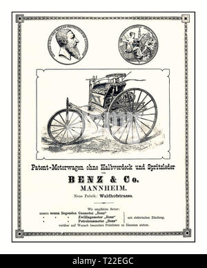 PATENT- MOTORWAGEN Vintage advertisement for the world’s first car: The Benz Patent Motor Car. It was built in a total of three variants from 1886 to 1894 Carl Benz introduced the Patent Motor Car in 1886 and subsequently built several units of this three-wheeler, about 25 vehicles in total. The Model I was the original Patent Motor Car. It featured wire wheels and a number of design details adopted from advanced contemporary bicycle manufacture.The Benz Patent-Motorwagen ('patent motorcar'), built in 1885, is widely regarded as the world's first production automobile. Stock Photo