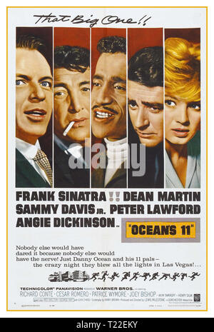Vintage Movie Poster OCEANS 11 10 August 1960 (USA) Danny Ocean (Frank Sinatra) calls on some of his World War II friends with Jimmy Foster (Peter Lawford), Sam Harmon (Dean Martin) and Josh Howard (Sammy Davis Jr.) -- to pull off series of New Year's Eve robbery’s at five casinos in Las Vegas. They suffer a series of setbacks when Duke Santos (Cesar Romero), a former gangster, tries to stop Ocean's plans to get away with the cash. 1960's Rat Pack Movie Poster Las Vegas USA Stock Photo