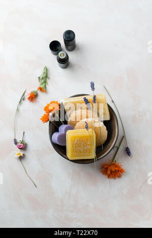 Various glycerin soaps with caustic soda Stock Photo