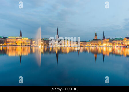 Germany, Hamburg, Inner Alster lake, city center in the evening Stock Photo