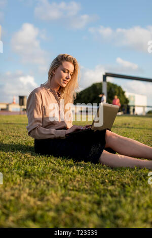 Young businesswoman sitting on a meadow using laptop Stock Photo