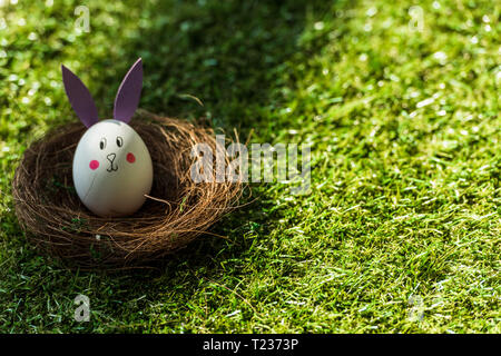chicken egg with funny bunny face and paper ears in nest on green grass Stock Photo