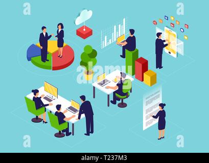 Corporate open space office concept. Isometric vector of business people and customers interacting at workplace isolated on blue background. Stock Vector