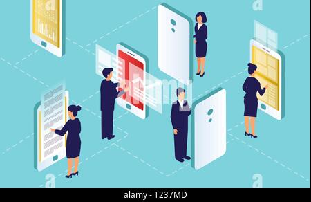 Corporate employee modern communication concept. Vector of businesspeople using smartphones and networking Stock Vector