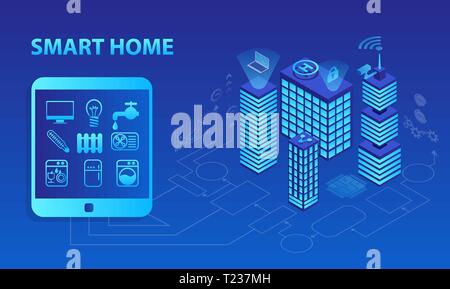 Smart home concept. Vector of cityscape and intelligent buildings controlled via computer app. Future technology management system platform. Stock Vector