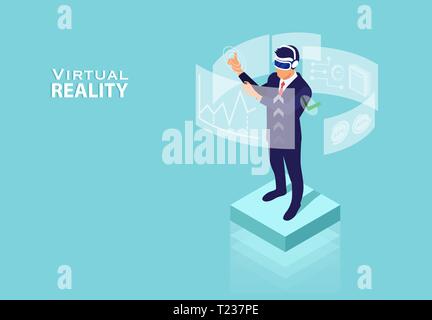 Augmented reality concept. Vector of a businessman using virtual reality technology for financial data analysis and efficient time management. Stock Vector