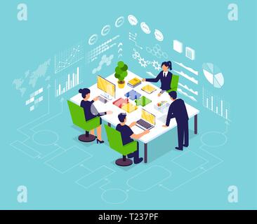 Project management teamwork and financial report strategy concept. Isometric vector of businesspeople team managing new project with success. Stock Vector