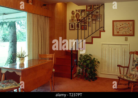 1960s American Den Interior with Handmade Bookshelves, USA Stock Photo