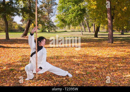 Kung Fu master practicing with stick. Stock Photo